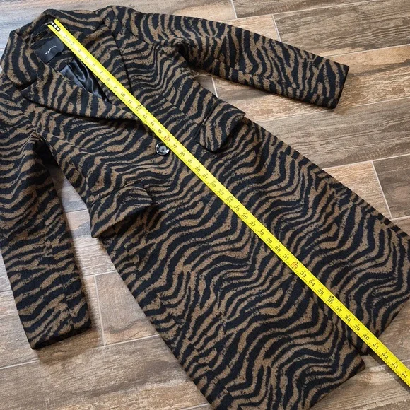 Tahari Black & Brown Wool Blend Lined 1 Button Zebra Print Midi Coat Pockets XS - Picture 2 of 9